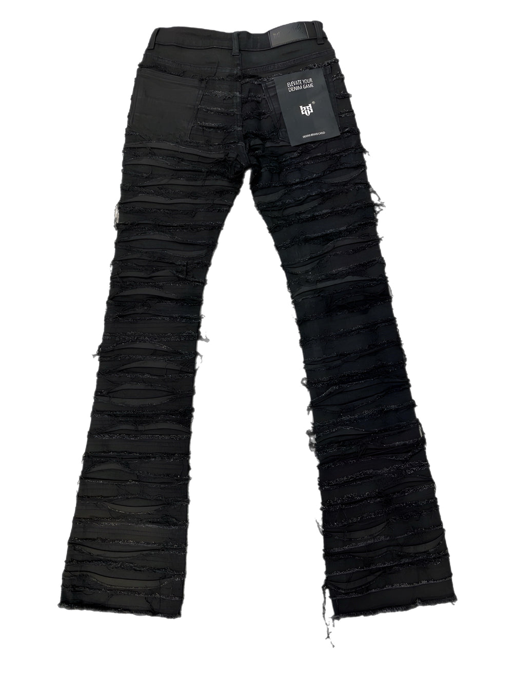 Black heavy distressed stacked pants