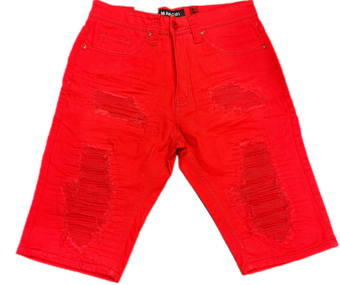 Red shredded shorts