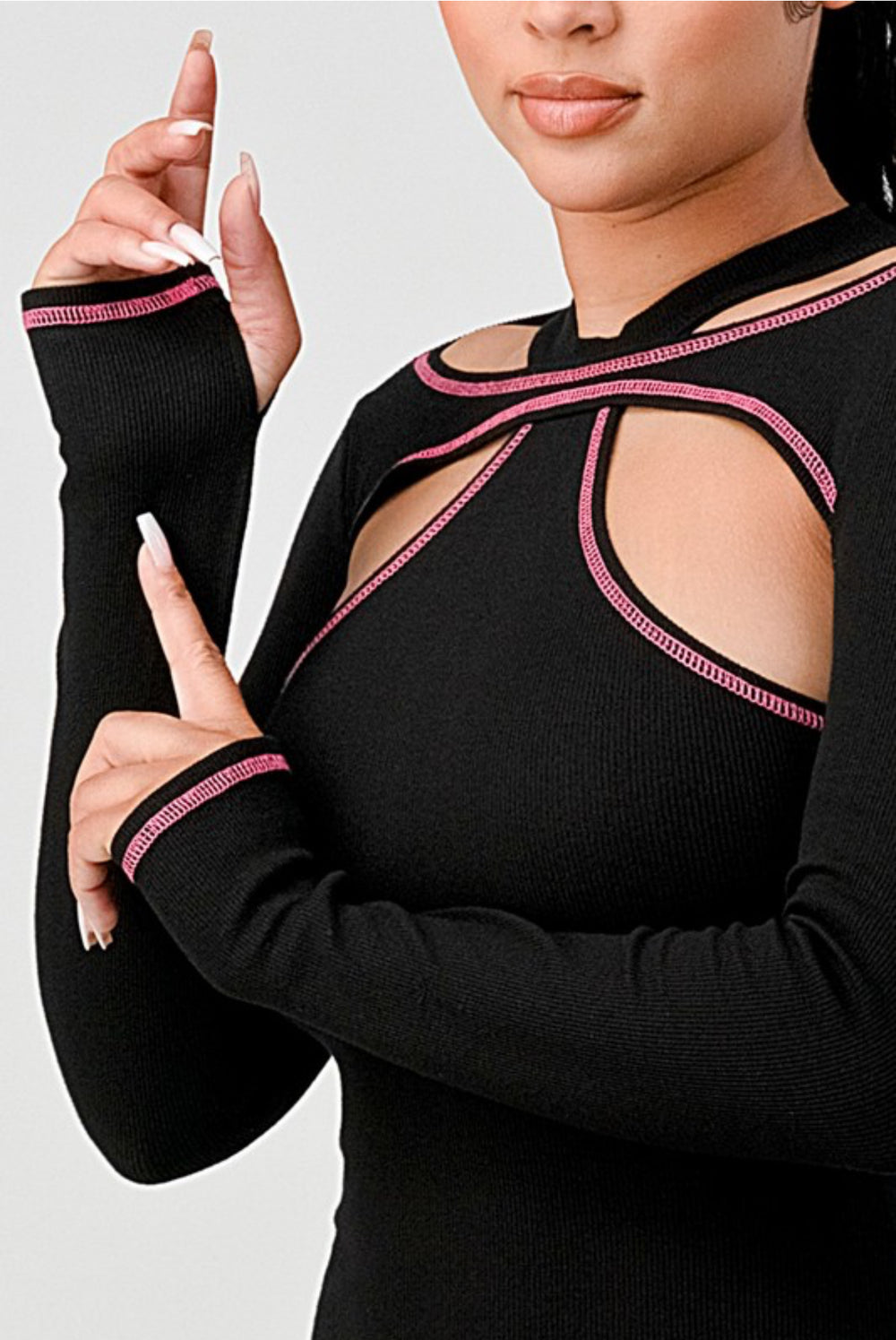 Pink Trim Long Sleeve Dress