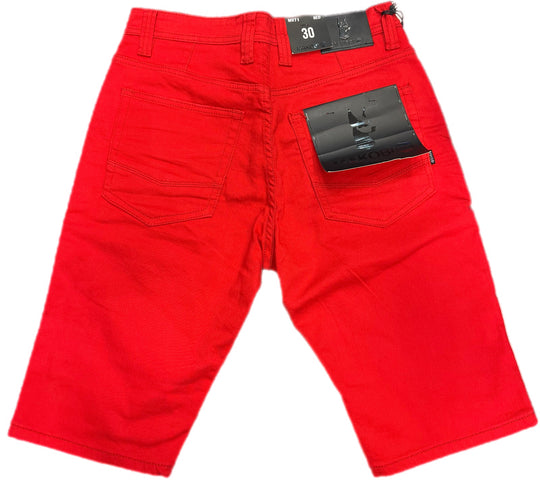 Red shredded shorts