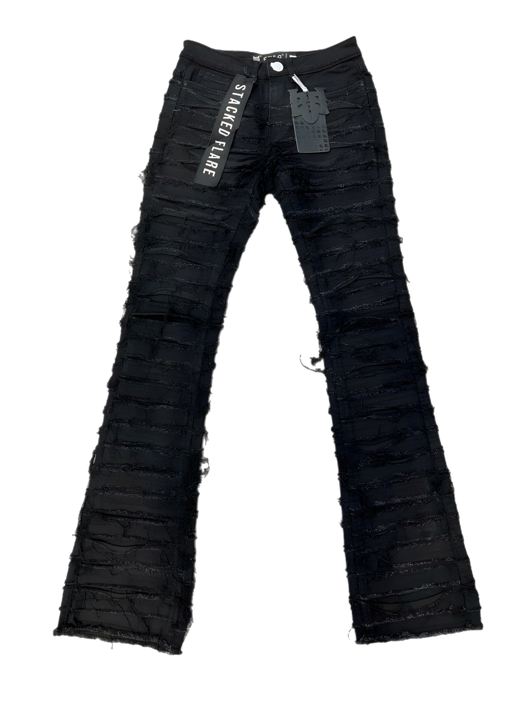 Black heavy distressed stacked pants