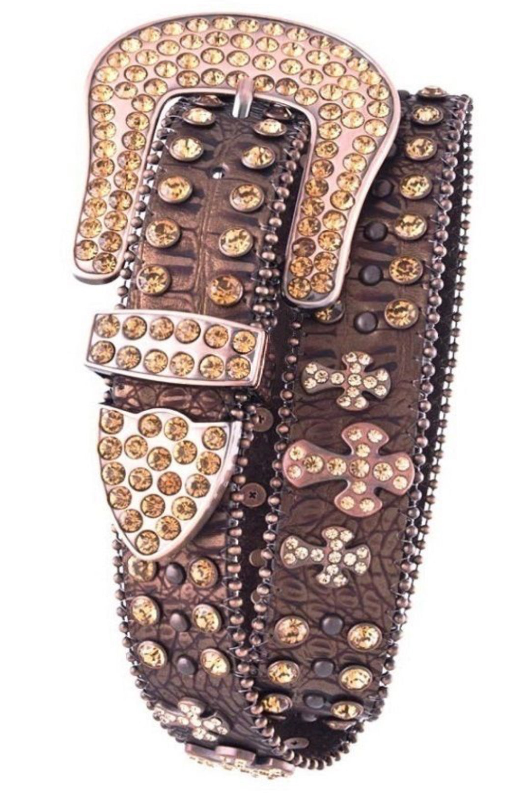 BROWN CROSS RHINESTONE STUDDED LEATHER BELT