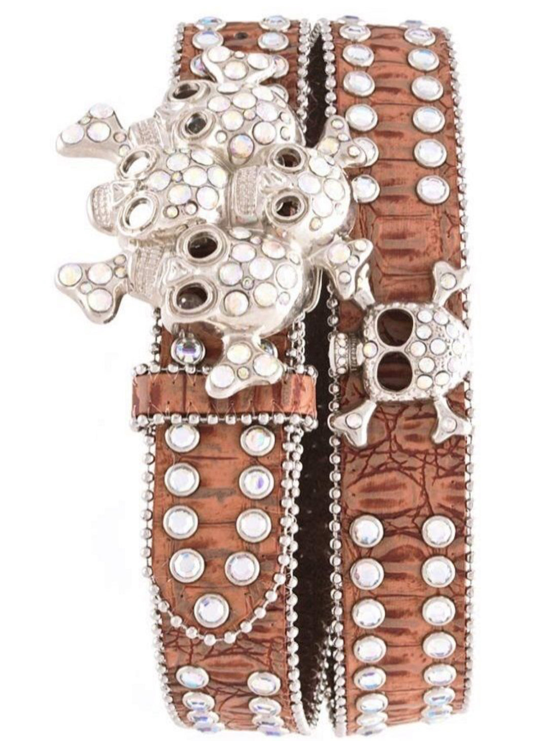 BROWN SKULL RHINESTONE STUDDED LEATHER BELT