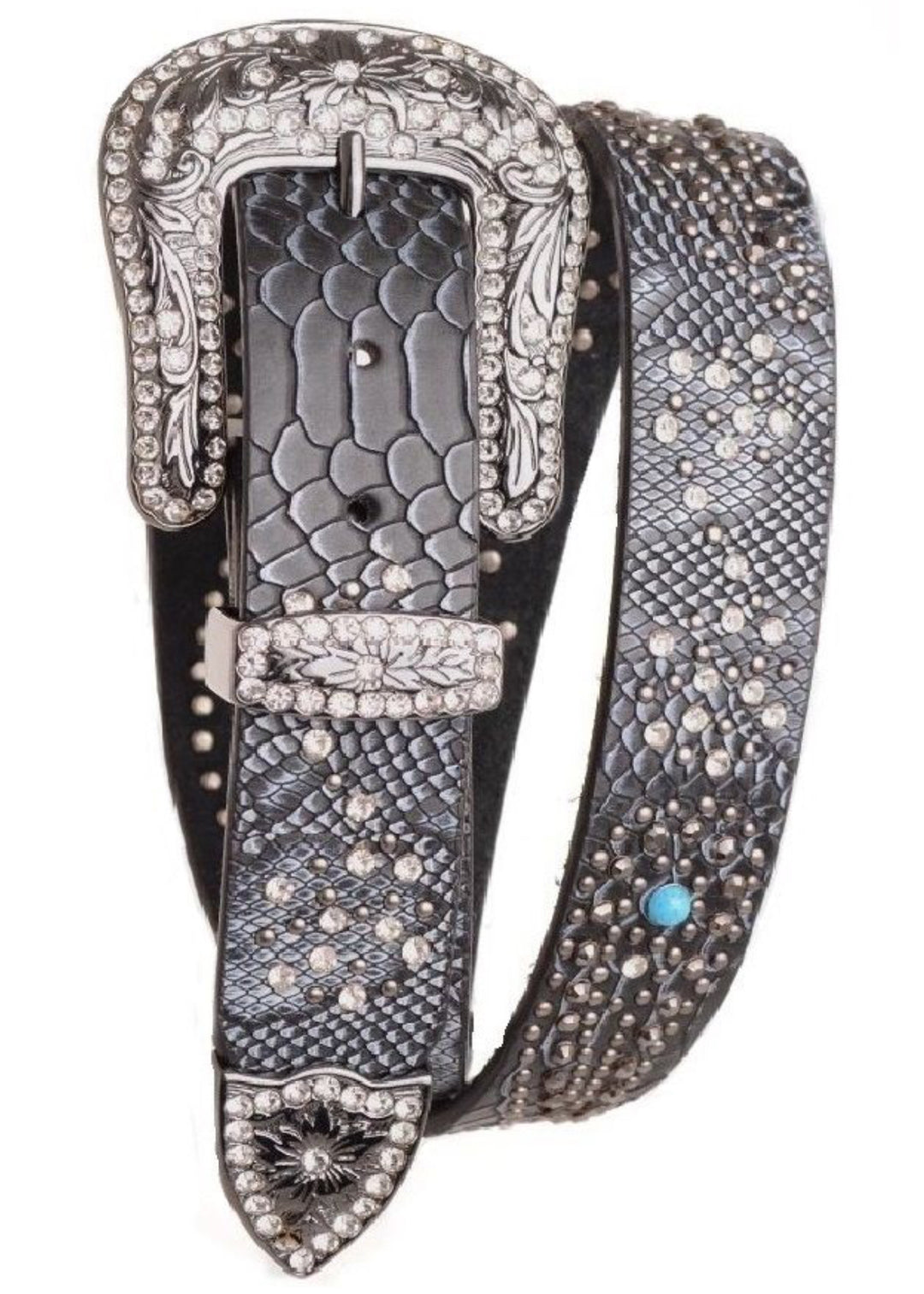 NAVY RHINESTONE STUDDED FEATHER LEATHER BELT