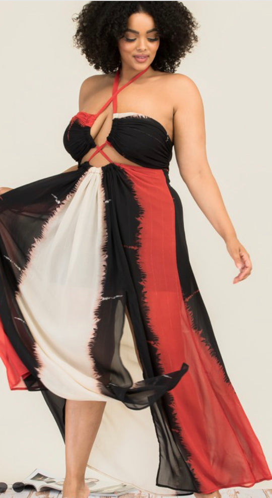 Red black and white maxi dress