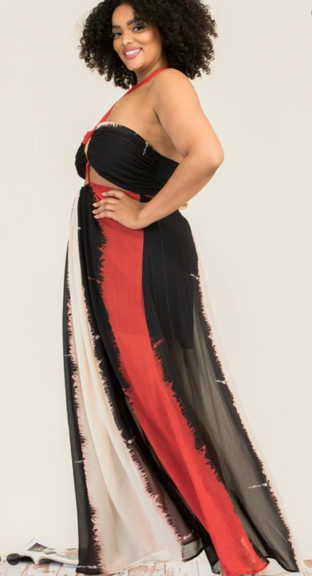 Red black and white maxi dress side view
