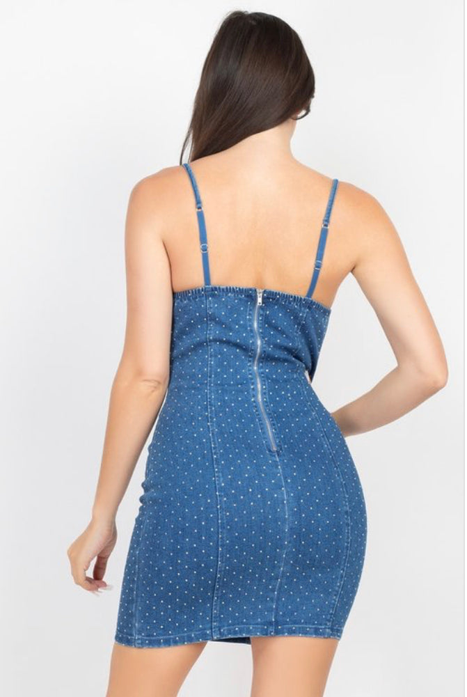 Blue rhinestone jean dress back view