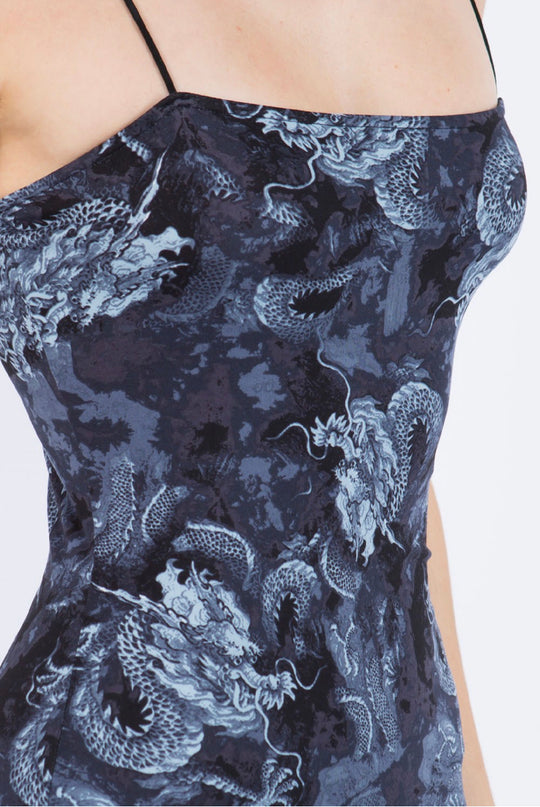 Blue and grey dragon design spaghetti strap dress up close