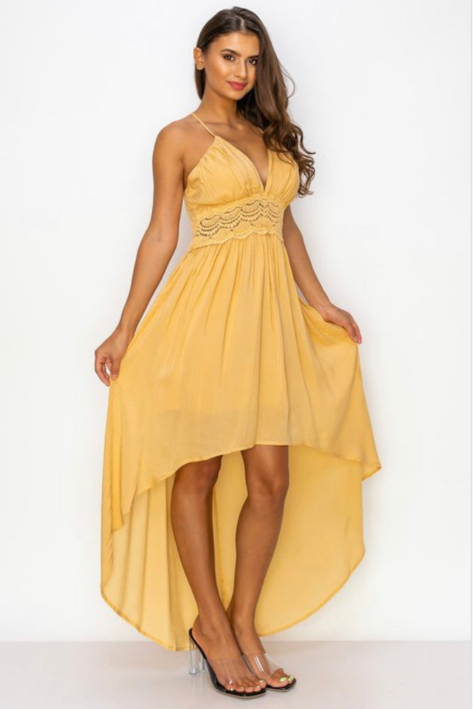 Yellow flowy spaghetti strap dress front view