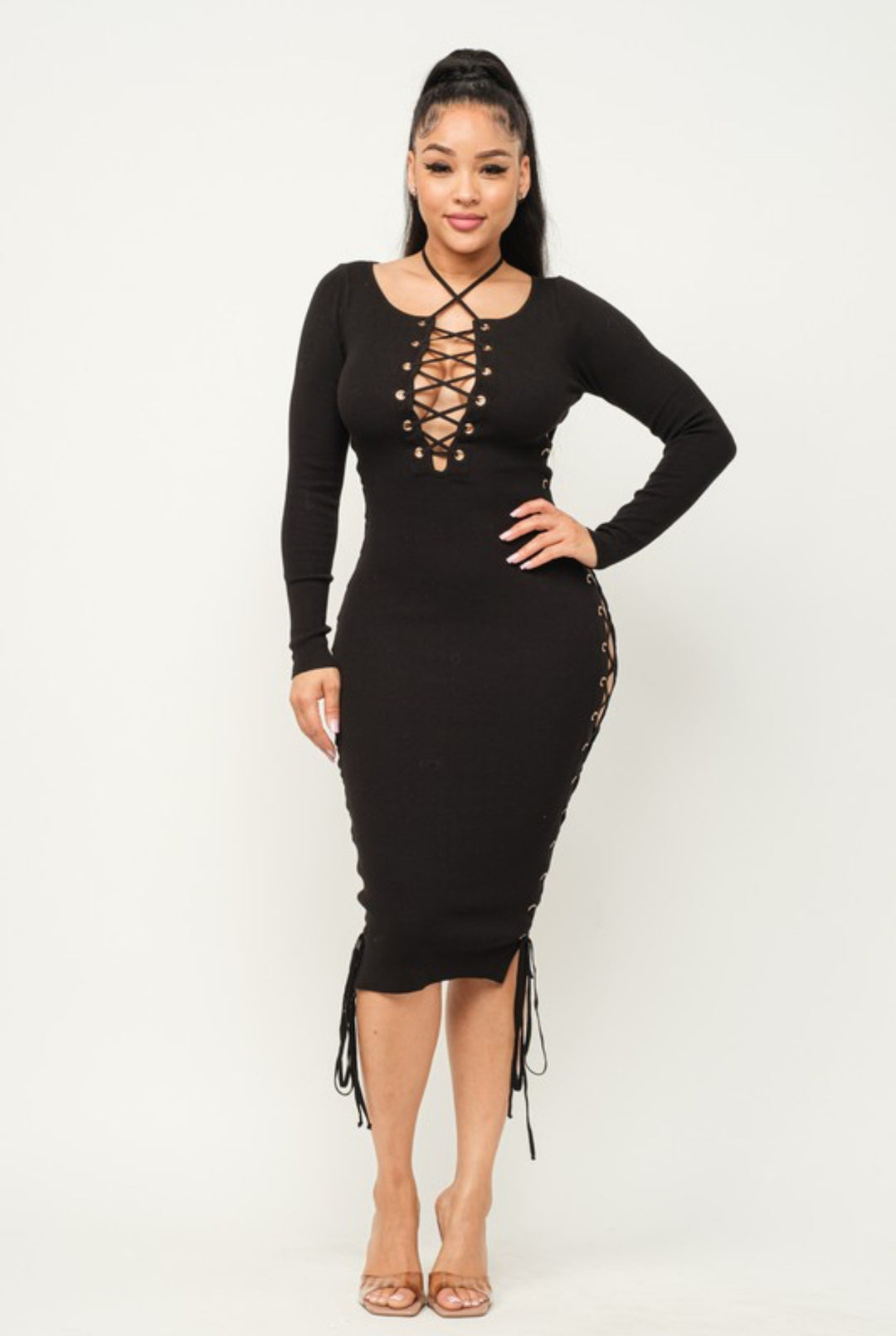 Black lace up long sleeve maxi dress front view