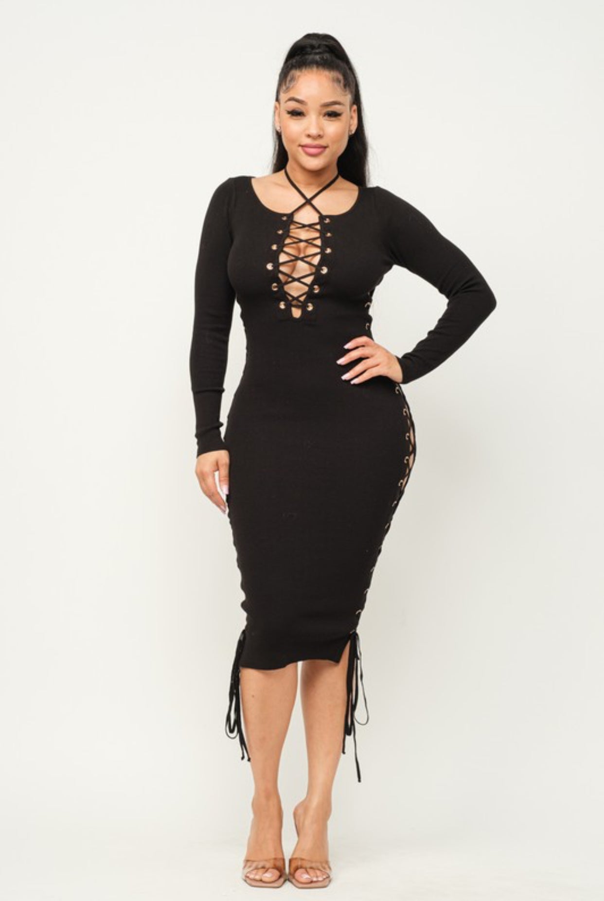Black lace up long sleeve maxi dress front view