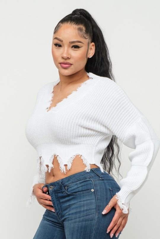 Bubbly Sleeve Distressed Sweater