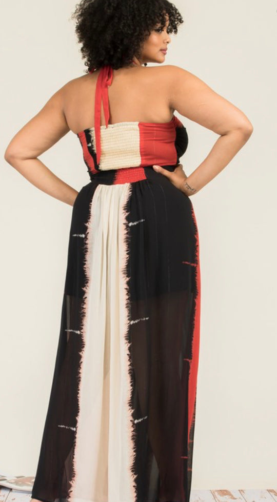 Red black and white maxi dress back view