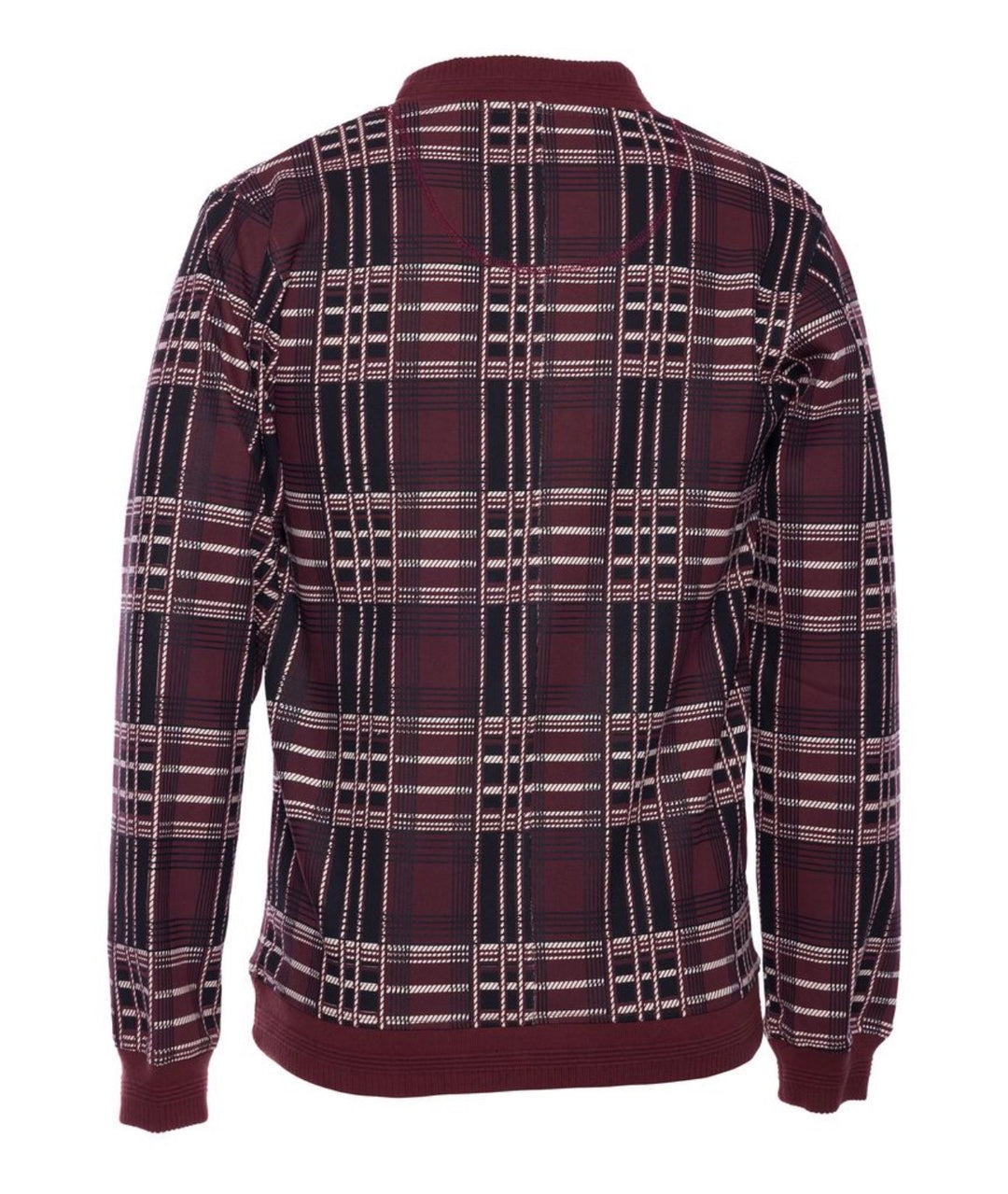 Plaid shirt with a pattern of red, black, and white on a white background