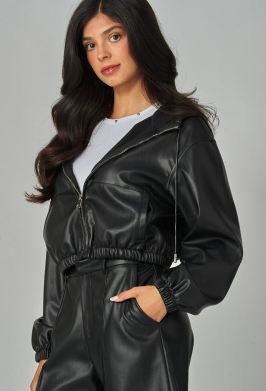 Faux Leather Hoodie Jacket