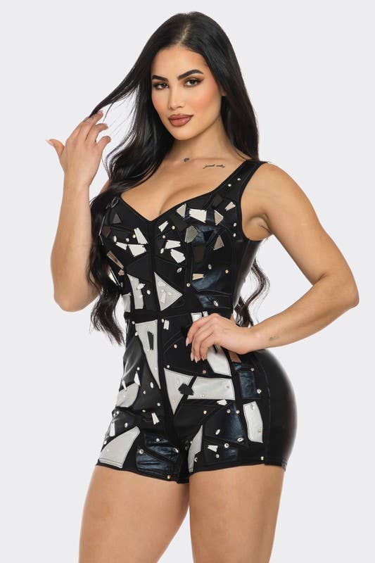 Metallic Mirror Rhinestone Patchwork Romper