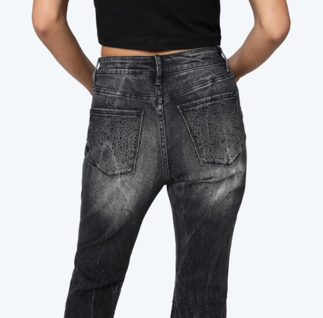 All Over Rhinestone Stacked Jeans