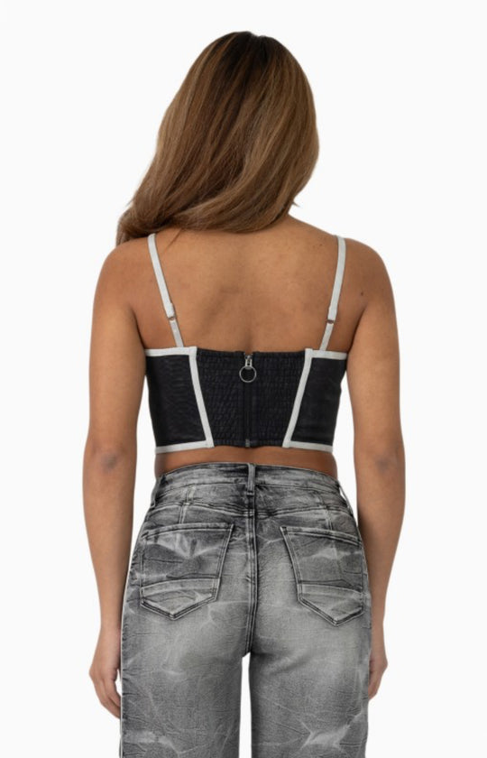 Snake Skin Bustier, Jean Trucker Jacket And High Rise Wide Leg Set