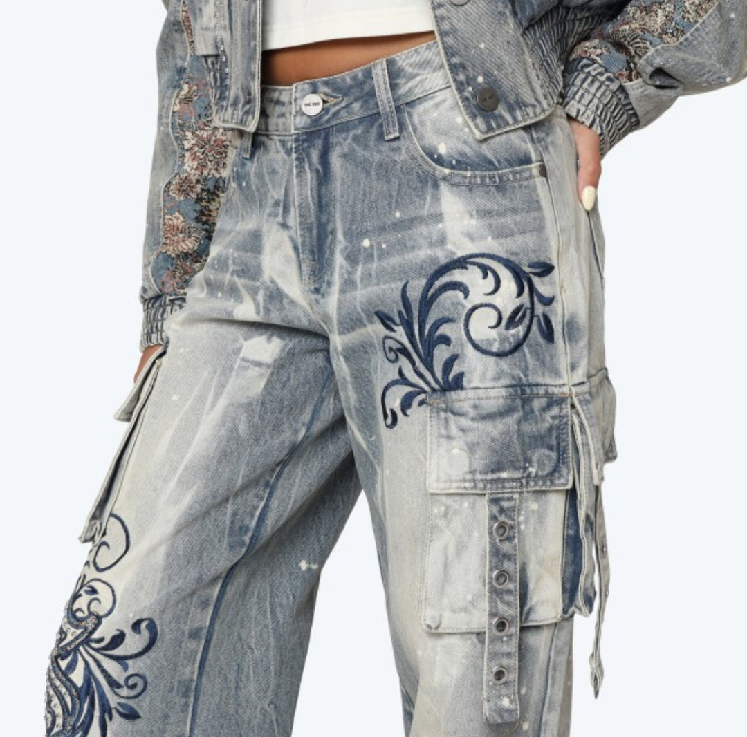 Mid Rise Embroidered Wide Leg Jeans