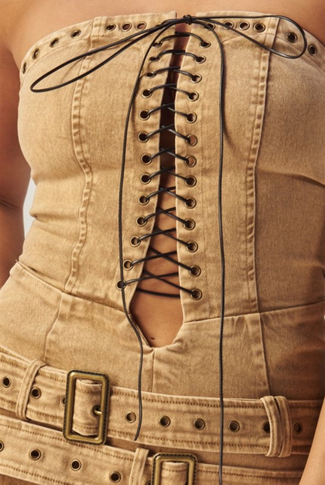 Strapless Denim Lace Up Jumpsuit