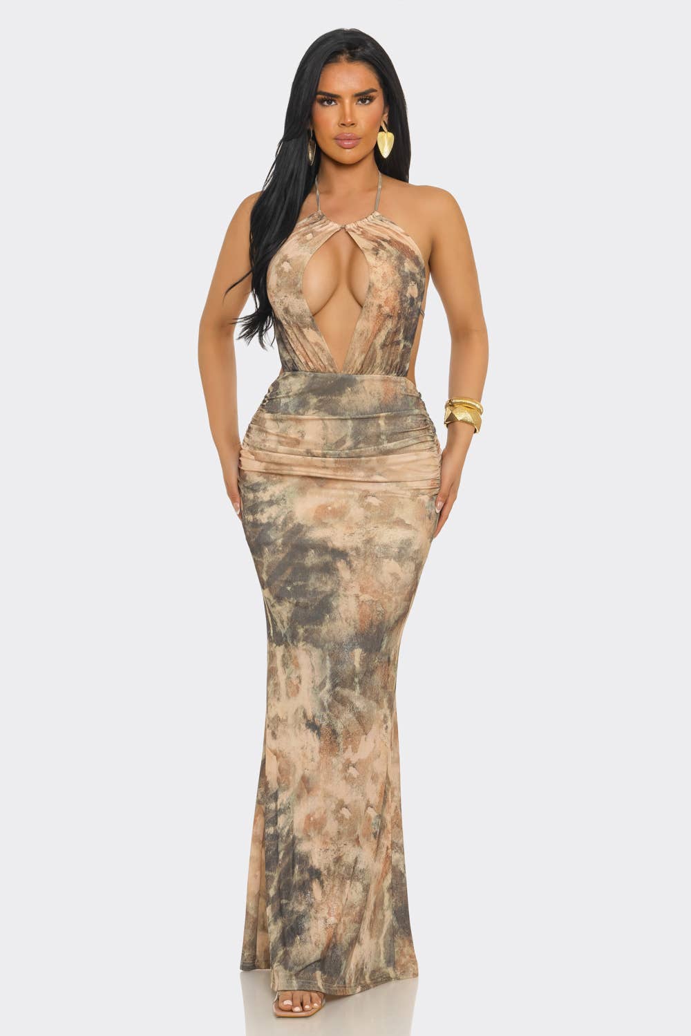 SEMI-CUTOUT BODICE & HALTER NECK PRINTED MAXI DRESS