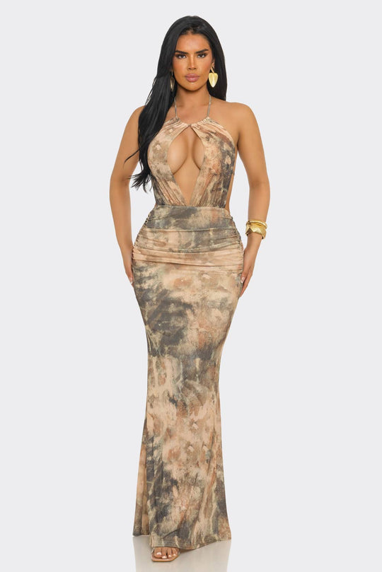SEMI-CUTOUT BODICE & HALTER NECK PRINTED MAXI DRESS