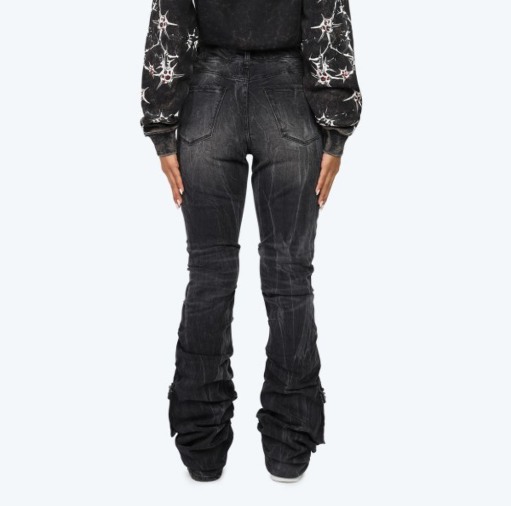High Rise Distressed black Rhinestone Stacked Jeans