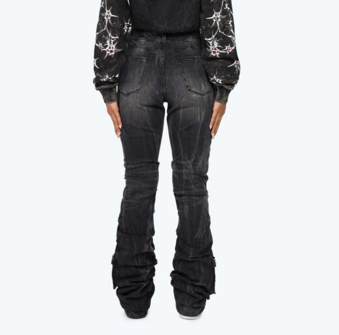 High Rise Distressed black Rhinestone Stacked Jeans