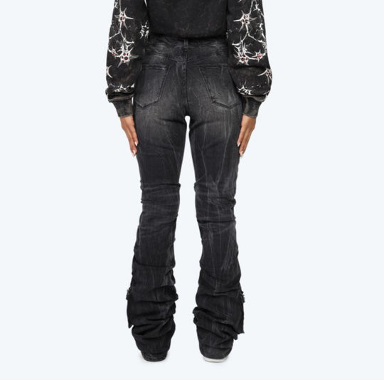 High Rise Distressed black Rhinestone Stacked Jeans