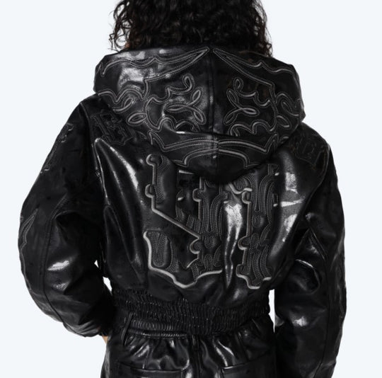 Appliqué Zip Up Hooded PU Jacket