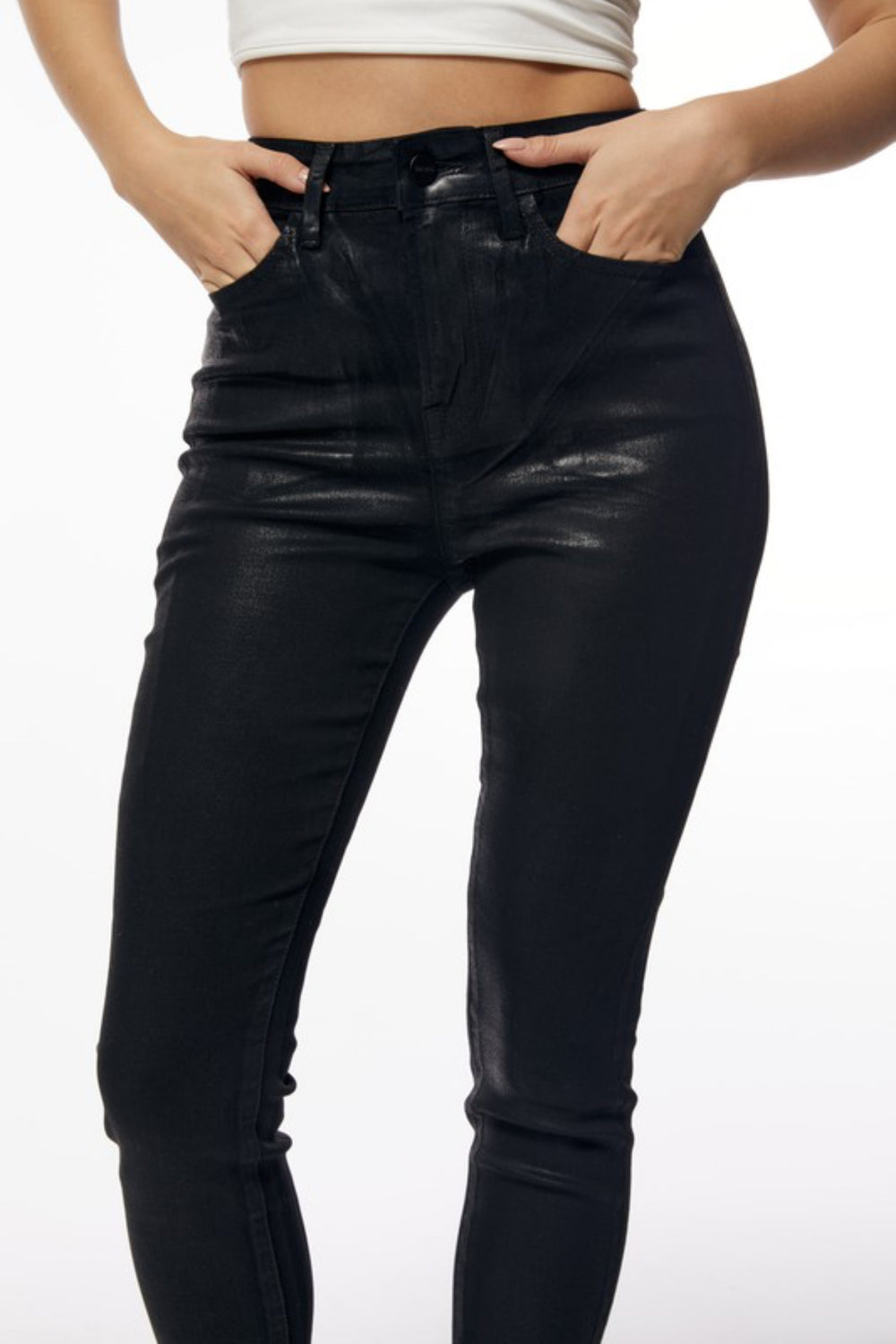 High Waisted Polished Wax Skinny Jeans