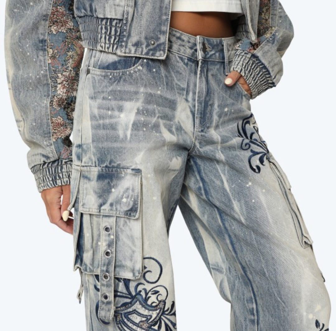 Mid Rise Embroidered Wide Leg Jeans