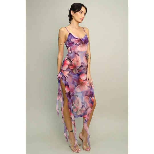 ADELIA ROMANTIC FLORAL MESH RUFFLED DRESS
