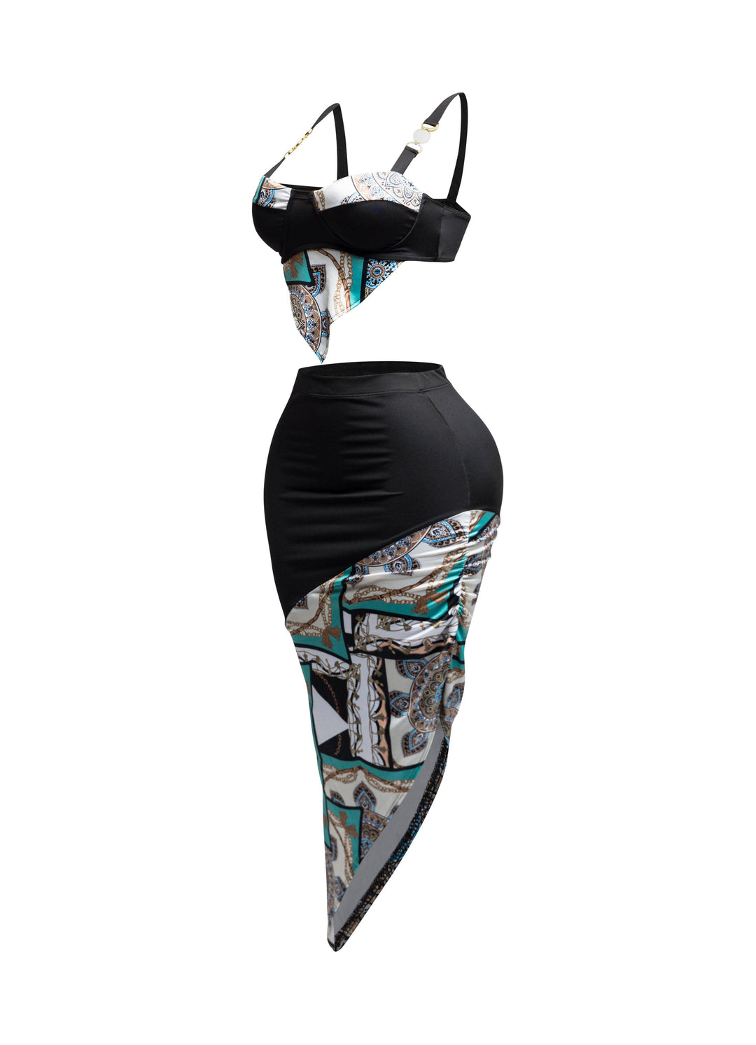 Contrast fabric top and asymmetrical skirt
