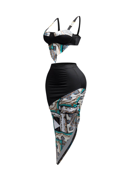 Contrast fabric top and asymmetrical skirt