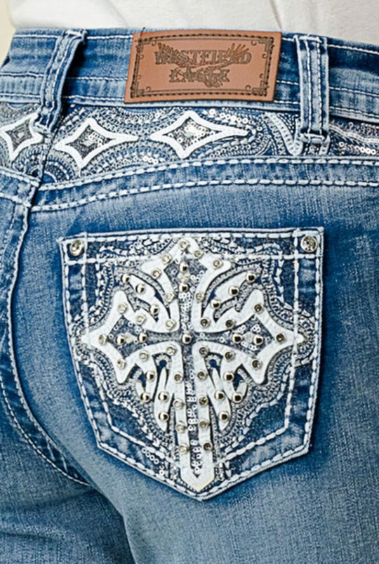 Sand Wash Embroidered And Rhinestone Jeans