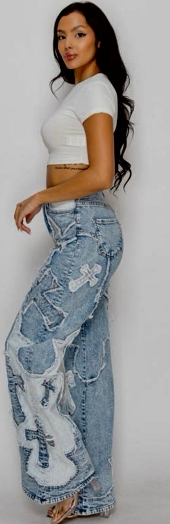 Cross Patch Wide Leg Jeans