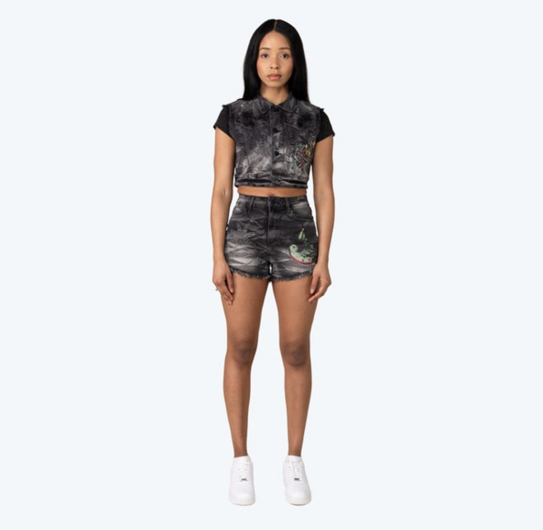 Graphic Rhinestone Embedded Denim Short Set