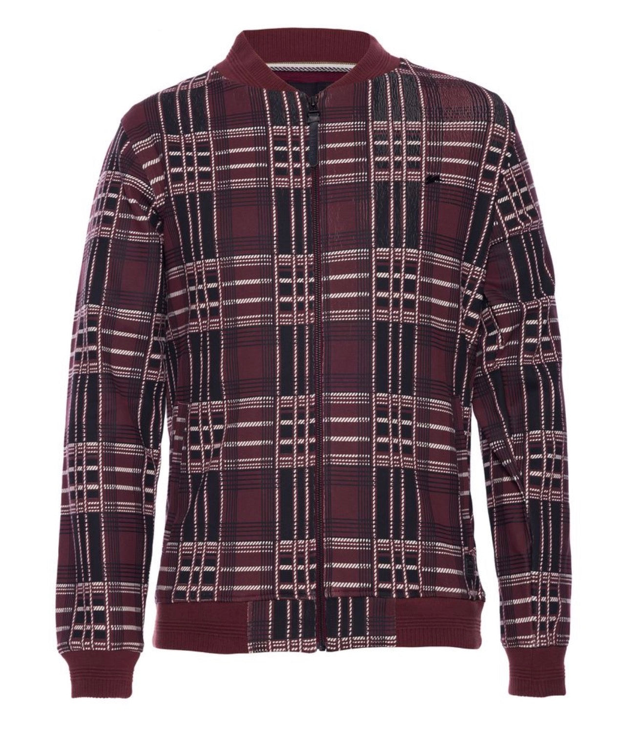 Plaid shirt with a pattern of red, black, and white on a white background