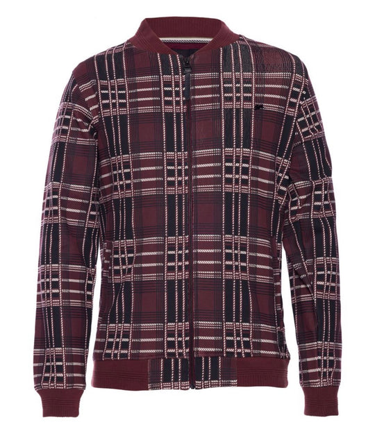 Plaid shirt with a pattern of red, black, and white on a white background