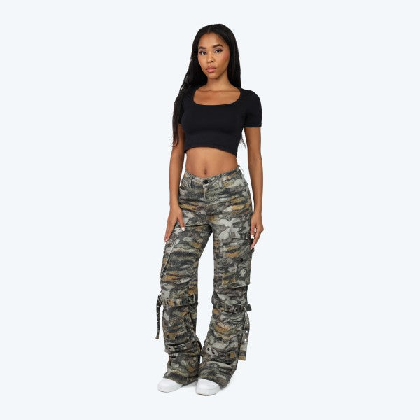 Tiger Camo High Rise Cargo Wide Leg Jeans