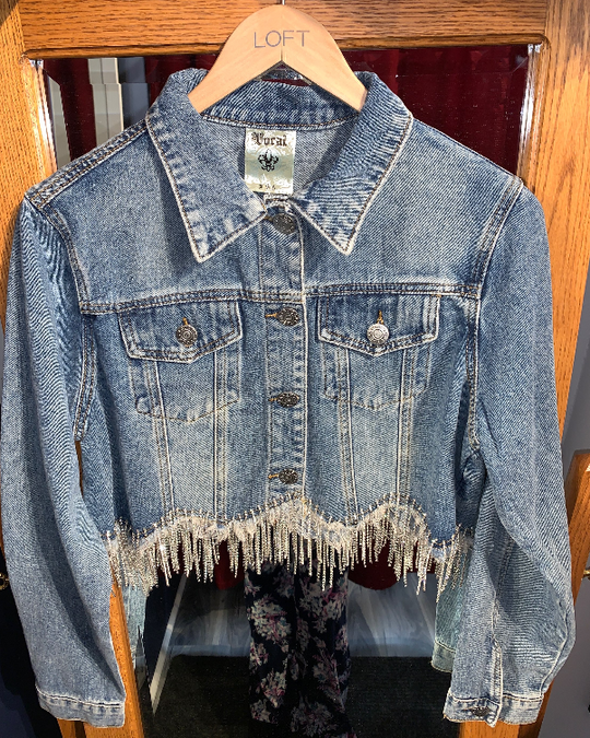 Rhinestone Scalloped  Hem Denim Jacket