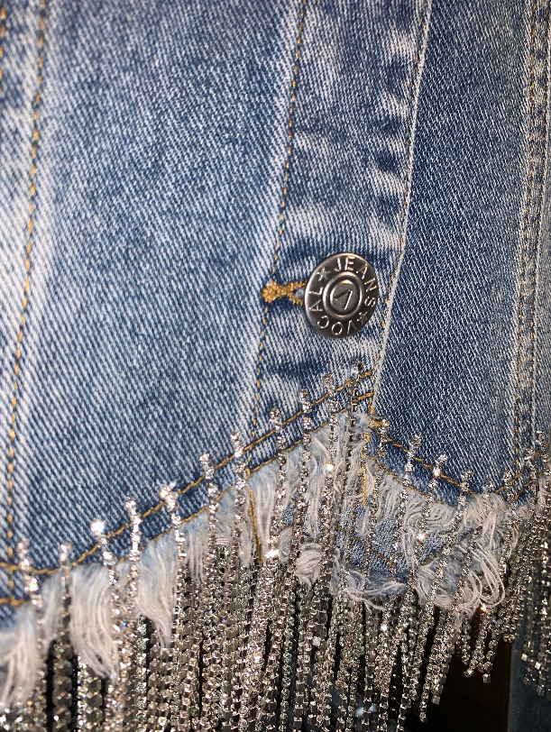 Rhinestone Scalloped  Hem Denim Jacket