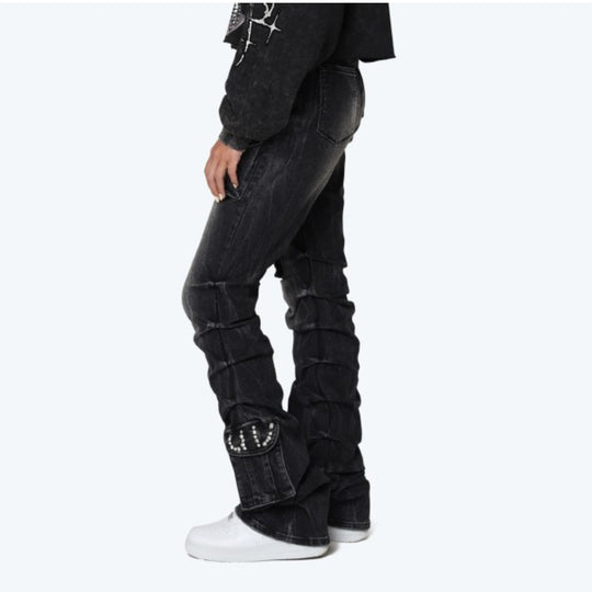 High Rise Rhinestone Stacked Jeans