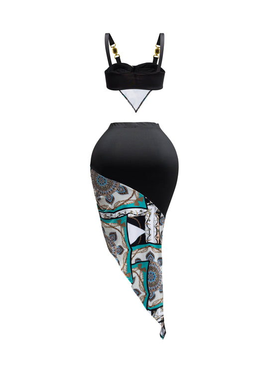 Contrast fabric top and asymmetrical skirt