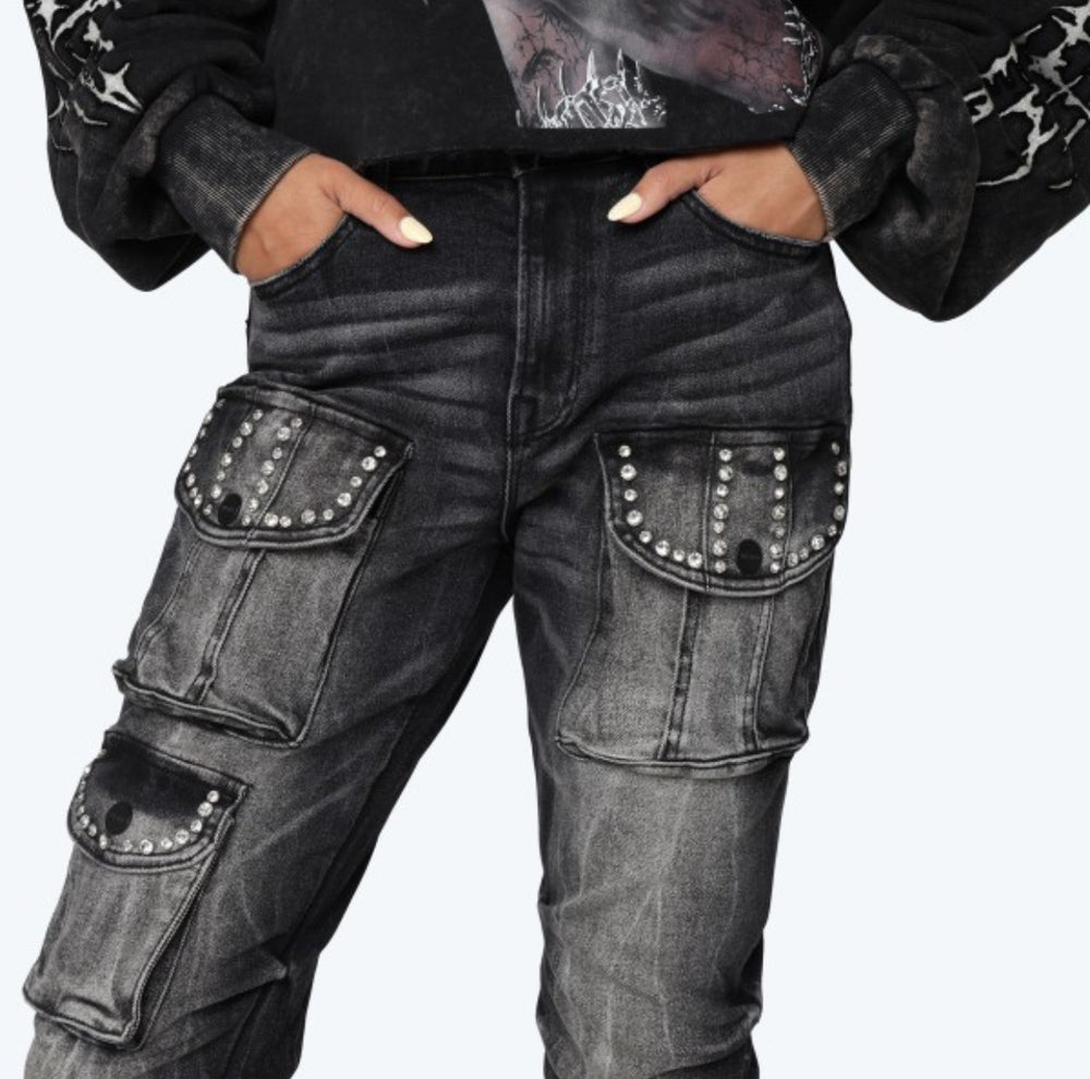 High Rise Rhinestone Stacked Jeans