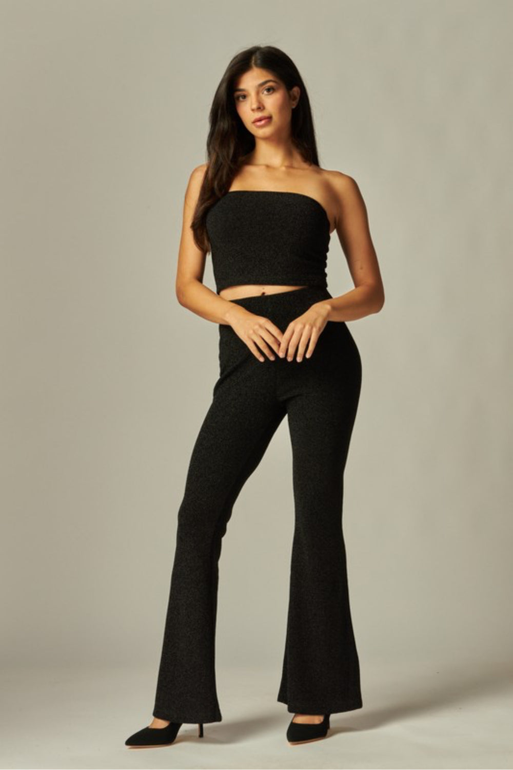 Metallic Stretch Knit Tube Top Flare Bottom Set