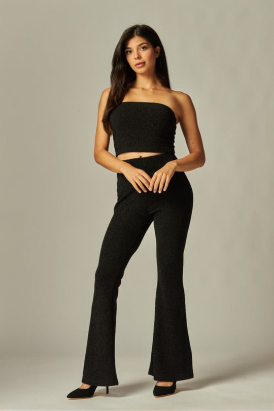 Metallic Stretch Knit Tube Top Flare Bottom Set