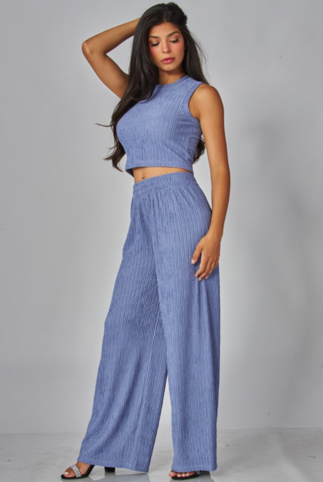 Crinkled Rhinestone Crop Top Loungewear Set
