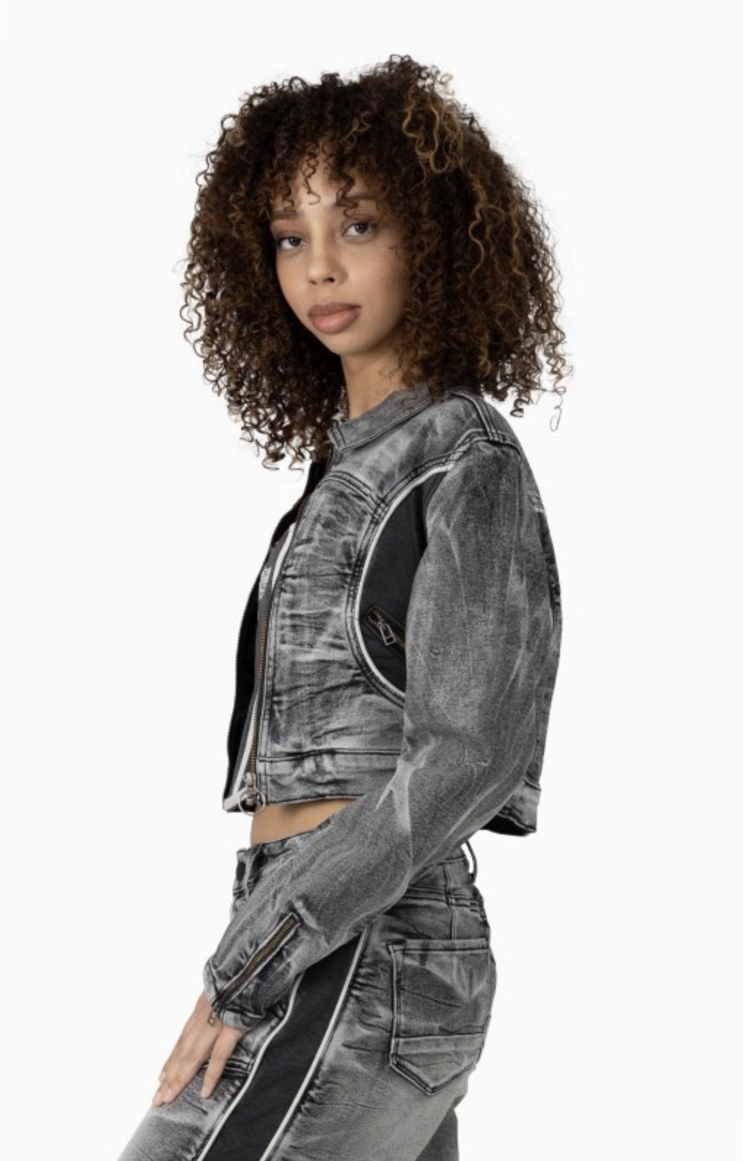 Snake Skin Bustier, Jean Trucker Jacket And High Rise Wide Leg Set